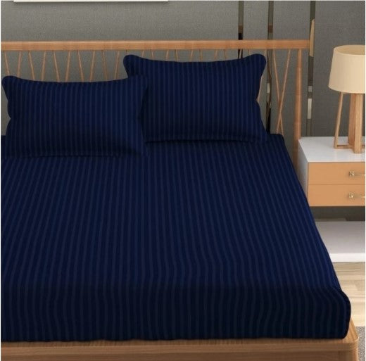 ELEGANZZE Cotton 90X100 King Size Flat 300 TC Navy Blue Striped 1 Bedsheet with 2 Pillow Covers