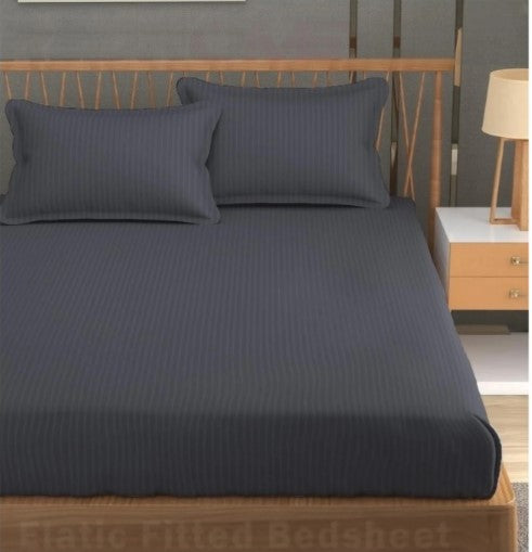 ELEGANZZE Cotton 90X100 King Size Flat 300 TC Charcoal Grey Striped 1 Bedsheet with 2 Pillow Covers