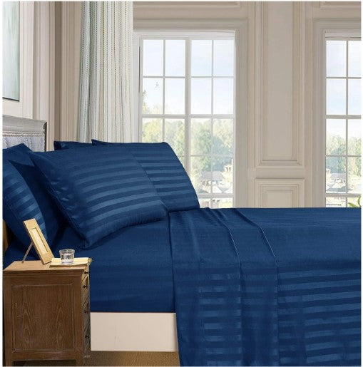 ELEGANZZE Cotton 90X100 King Size Flat 300 TC Navy Blue Solid Striped 1 Bedsheet with 2 Pillow Covers