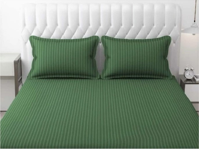 ELEGANZZE Cotton 90X100 Inches King Size Flat 300 TC Green Solid Striped 1 Bedsheet with 2 Pillow Covers