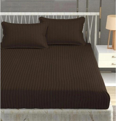 ELEGANZZE Cotton 90X100 Inches King Size Flat 300 TC Coffee Brown Striped 1 Bedsheet with 2 Pillow Covers