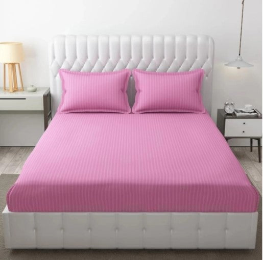 ELEGANZZE Cotton Blend 90x100 King Size Flat 300 TC Pink Striped 1 Bedsheet with 2 Pillow Covers