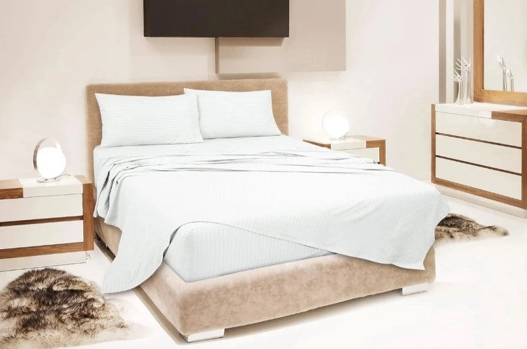ELEGANZZE Cotton Blend 90X100 King Size Flat 300 TC White Striped 1 Bedsheet with 2 Pillow Covers