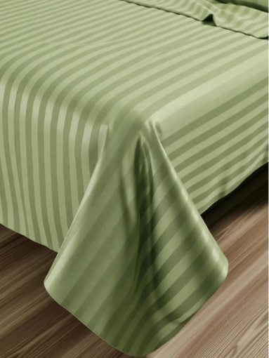 ELEGANZZE Cotton 90X100 Inches King Size Flat 300 TC Green Striped 1 Bedsheet with 2 Pillow Covers