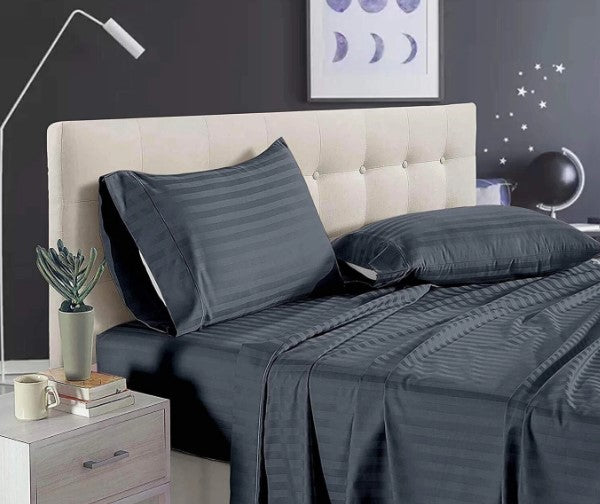 ELEGANZZE Cotton 90X100 King Size Flat 300 TC Charcoal Grey Solid Striped 1 Bedsheet with 2 Pillow Covers