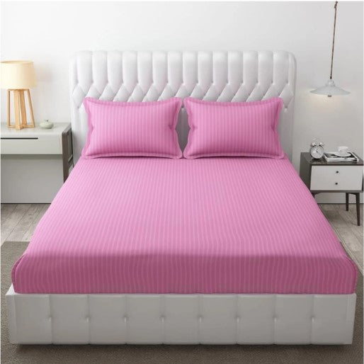 ELEGANZZE Cotton 90X100 King Size Flat 300 TC Pink Striped 1 Bedsheet with 2 Pillow Covers