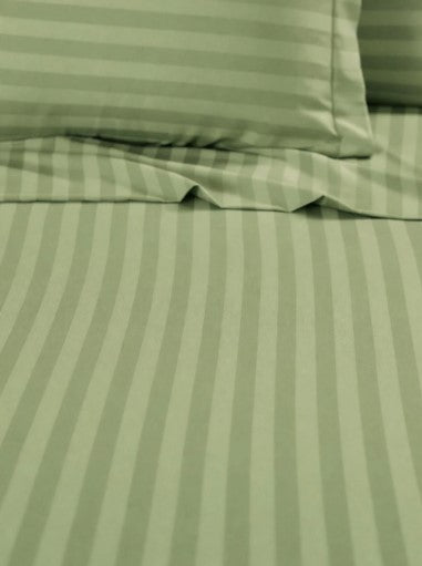 ELEGANZZE Cotton 90X100 Inches King Size Flat 300 TC Green Striped 1 Bedsheet with 2 Pillow Covers