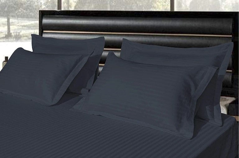 ELEGANZZE Cotton 90X100 King Size Flat 300 TC Charcoal Grey Solid Striped 1 Bedsheet with 2 Pillow Covers