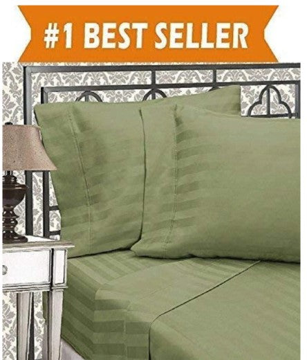 ELEGANZZE Cotton 90X100 Inches King Size Flat 300 TC Green Striped 1 Bedsheet with 2 Pillow Covers